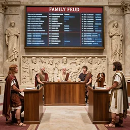 ancient romans on family feud game show, face off podium, answer board above in the background, stone relief, high detail, wide angle, photorealism