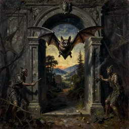 caravaggio oil landscape painting of a bat going though the portal to the underworlds, dark art, gothic, fantasy style, trending on artstation sharp award winning 8 k harrowing unnerving shadowy