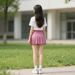 a college student woman who looks like barbie, photoreal, from the back, full body shot