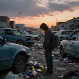 poor detailed girl with backpack standing at cars looking for food at garbage dump, destroyed cars, city is pure wasteland, moody sunset in background, high details, photorealism, cinematic, greg rutkowski, alphonse mucha, trending on artstation, artgerm, unreal engine, breathtaking, award winning, highly detailed