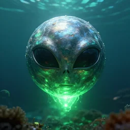 alien metalic sphere emitting a green glow at the bottom of the sea, octane render, fantasy movie