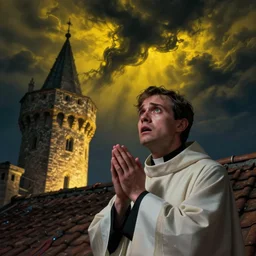 Close-up of a terrified catholic priest in his thirties on the roof of a medieval tower watching in fear as an ominous yellow shadow descends upon him from the night sky. He is fervently praying but his eyes are wide open with fear. Low angle angle, dramatic lighting. Award-winning digital art, trending on ArtStation