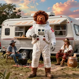 redneck astronaut summer grillparty in trailer park, detailed, cinematic photo