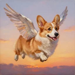 a corgi with wings, flapping its wings flying in sunset sky, oil on canvas, portrait, intricate, 8k highly professionally detailed, HDR, CGsociety