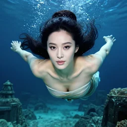 fan bingbing as a chinese warrior princess swimming underwater in the ruins of atlantis, styling by Tom Eerebout & Sandra Amador, clear makeup, clean hair, dry skin, clear skin, airbrushed, bright eye makeup, warrior body, photo by mario testino, 8k octane render, cinematic, hyper detailed, micro details, insanely detailed, trending on artstation, concept art