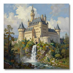 a beautiful painting of a castle, waterfall, trees by greg rutkowski and kalin popov, trending on artstation, masterpiece,