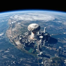 view from space of planet earth, nuclear mushrooms visible above capital citites.