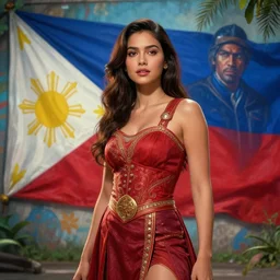 a cinema still of Pia Wurtzbach as Darna with a mural of the Philippine flag behind her shot by Michael Bay, realistic hyperdetailed 8k ultradetail cinematic concept art volumetric lighting, fantasy artwork, very beautiful scenery, very realistic painting effect, hd, hdr, cinematic 4k wallpaper, 8k, ultra detailed, high resolution,