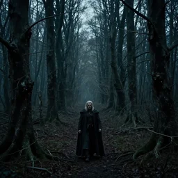 a king enters a scary forest made of dead trees in alan lee and marc simonetti and emil melmoth style, view is 2 meters above the ground  , cinematic lighting
