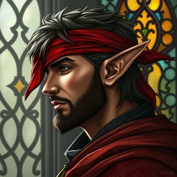 side - view portrait of iorveth, scoia'tael leader, red bandana over one eye, elf ear, stained glass window, very masterful