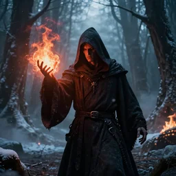 cinematic shot, dark hooded mage ( spectre ) in the foreground using his magic ultimate, dead forest background, winter, fire, dystopian, 8 k, atmospheric, realistic, by ivan aivazovsky peter mohrbacher greg rutkowski, volumetric light, rimlight, fantasy art, sci - fi art, details visible, unreal engine, octane render