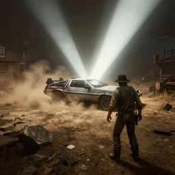 red dead redemption 2 screencap, delorean from back to the future hidden in mine, 6 0 fps, ultra graphics, 4 k image, dusty, light beams