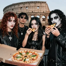a black metal band with makeup standing eating pizza in rome