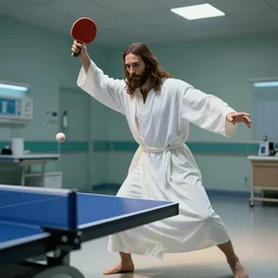 jesus christ wearing a white robe strikes a dance pose in a hospital while playing epic game of ping pong, intricate, hyper detailed, accent lighting, dramatic light, 4 k octane render