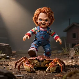 screaming chucky doll stomping on a crab