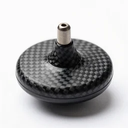 carbon fiber spinning top, high detail macro photography, isolated on a pure white background, centered, entire object in frame, sharp focus, soft studio lighting