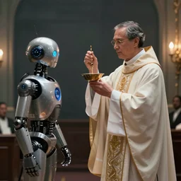 a priest performing an exorcism on a I Robot by mario feng ray tracing, master shot, octane render, 8k, ultra hd, perfect light
