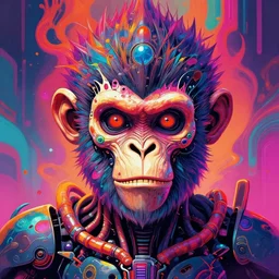 a psychedelic portrait of omin dran skeletal mind flayer of a cybernetic robotic monkey face vibrant color scheme highly detailed in the