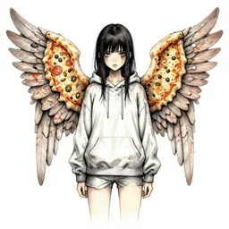 portrait of a grungy girl, wearing a hoodie and sweatpants, symmetrical wings made of pizza, basic white background, symmetrical, watercolor, pen and ink, intricate line drawings, by Yoshitaka Amano, Ruan Jia, Kentaro Miura, Artgerm, detailed, trending on artstation, hd, masterpiece,