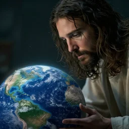 jesus looking down at the earth, cinematic, realistic, photo, detailed