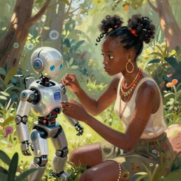 a black girl fixing a robot, in the nature, mixing solarpunk, afropunk and cyberpunk technology and aesthetic ( ( ( ( volumetric light ) ) ) ), high angle, part by pearl fryar, part by prince damah, sunny day, trending on artstation, cinematic view, illustration, painting.