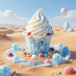 desert made from icecream and candies, handsome, intricate, detailed, volumetric lighting, scenery, digital painting, highly detailed, artstation, sharp focus, illustration, concept art, 8 k, hyper realistic, magic world