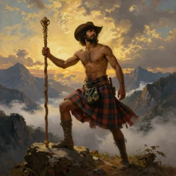 an ethereal dramatic homoerotic painting of a handsome shirtless desi mountaineer | he is wearing a plaid kilt and cowboy hat, and holding a staff | triumphant pose | background is mountains and clouds | dramatic lighting, golden hour | by clyde aspevig and albert bierstadt, by paul cadmus | trending on artstation
