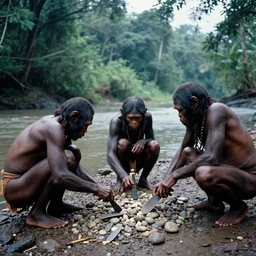 homo - erectus, apeman, caveman, prehistoric people, asemble at the river bank, make stone adze from pebble at the river bank in the rainforest, the light is dim, and the colours are muted. kodak etkar 1 0 0