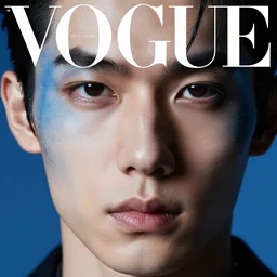 close up of face of man fashion model, baroque style, blue colors, official vogue editorial, highly detailed
