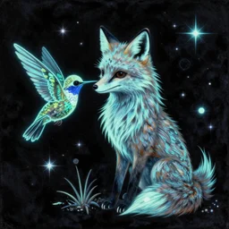 a stylized blacklight neon black velvet painting of an bipedal fox with a skull for a face, hummingbird feathers for fur, themed around death and astronomy, in the style of dnd beyond avatar portraits, beautiful, artistic, elegant, lens flare, magical, lens flare, nature, realism, stylized, art by hayou miyazaki
