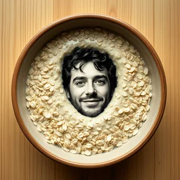 a bowl of oats with the face of musician john oats floating in the middle, face icon, stylized, minimalist, hyper realistic
