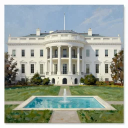 opening of the new more luxurious deluxe white house, with more floors and a pool, oil on canvas painting trending on artstation high octance render