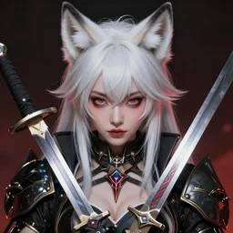 cyberpunk battle princess with white fox ears and swords, detailed symmetrical close up portrait, intricate complexity, concept art, by takato yamamoto, wlop, artgerm, krenz cushart. cinematic dramatic atmosphere, sharp focus