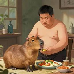 A fat Chinese man preparing a capybara for lunch, artwork by Craig Mullins,Movie poster, detailed, trending on artstation