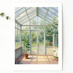 an achingly beautiful print of the interior of a modern greenhouse, and one small potted plant by Raphael, Hopper, and Rene Magritte. detailed, romantic, enchanting, trending on artstation.