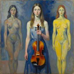 girl standing with violin down painted by vincent lefevre and hernan bas and pat steir and hilma af klint, psychological, photorealistic, symmetrical face, dripping paint, washy brush, rendered in octane, altermodern, masterpiece