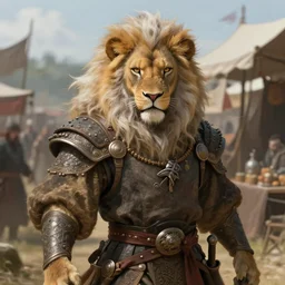 8 k yoshitaka amano painting of upper body of a young cool looking lion beastman with white mane at a medieval market at windy day. depth of field. he is wearing complex fantasy clothing. he has huge paws. renaissance style lighting.