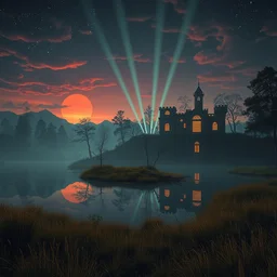 urbex by neil blevins, scumm bar lake reclaimed by nature thermal imaging vaporwave at night laser sunset darkacademia architecture island meadow water cosmic evil bioshock fantasy sunlight, archdaily, wallpaper, highly detailed, trending on artstation.