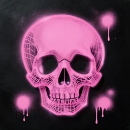 a 3 d wireframe pink cartoon skull spray painted on a black background with dripping pink spray paint, three fourths view, graffiti, black background!!!!!
