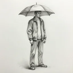 a drawn man in the jacked stand in rain. pencil sketch.