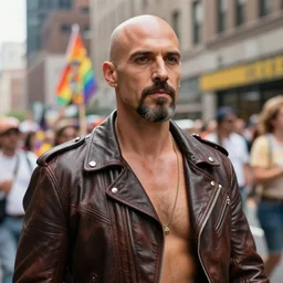 a bald man in leather clothes with a goatee,pride parade,city, buildings, art by Tony sart, Thomas kinkade