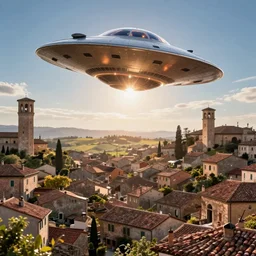 ufo landing in italian medieval village, ultra realistic, lens flare, atmosphere, glow, detailed, intricate, full of colour, cinematic lighting, trending on artstation, 4 k, hyperrealistic, focused, extreme details, cinematic, masterpiece, by ismail inceoglu