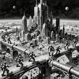 dimantled disassembled cyborgs on bridges and pipes, huge cybernetic mega city in space, black and white, by nihei tsutomu