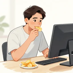a sketch of a man sitting in front of his computer, eating chips