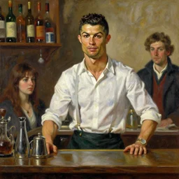 oil painting of a cristiano ronaldo barista, art by anders zorn, wonderful masterpiece by greg rutkowski, beautiful cinematic light, american romanticism by greg manchess, jessica rossier and norman rockwell