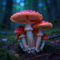 mushrooms in the forest, psychedelic, multicolor light, hd photography