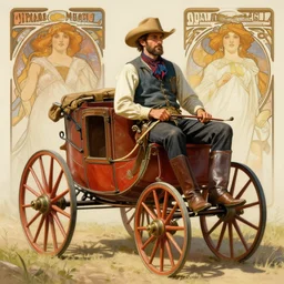 hyperrealist portrait of a cowboy driving stage coach by jeremy mann and alphonse mucha, fantasy art, photo realistic, dynamic lighting, artstation, poster, volumetric lighting, very detailed faces, 4 k, award winning