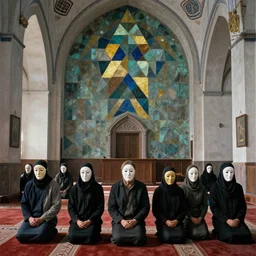 scene,prayer,occult,refugees,mosque synagogue interior,masks,geometric art,prism,patina,edward hopper,hilma af klint