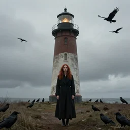 folk horror lighthouse. flock of ravens. woman with auburn hair standing still