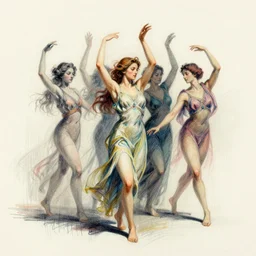 the three graces dancing with their shadows, sketch, multicolored, intricate, full body, cinematic